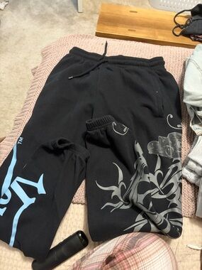 Fashion Nova Black Sweatpants with Light Blue & Gray Graphics